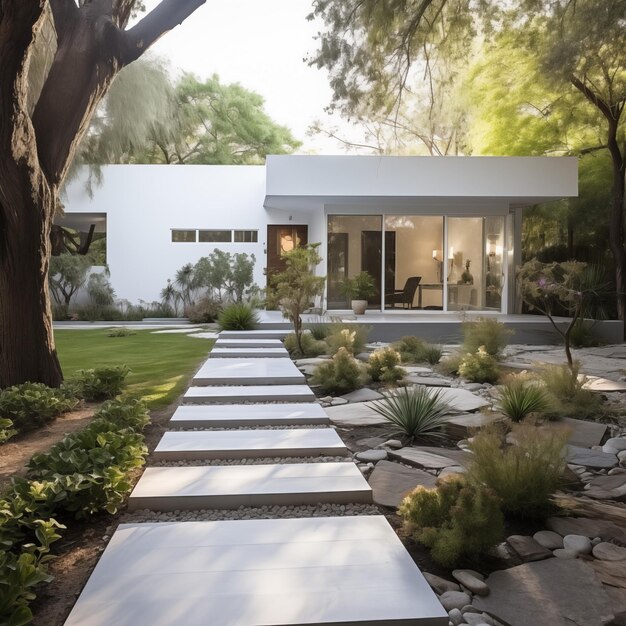 beutiful pathway to the house with garden in minimal style