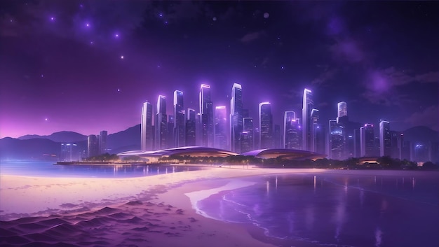 Beutiful purple stary night concept art 4 k light dust Singapore city sand illustration