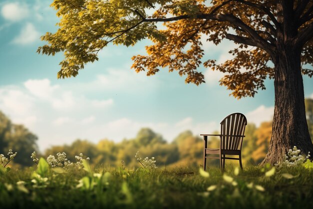 beutiful tree and wooden chair on blurred meadow background