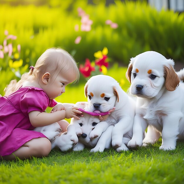 Beutyful baby girl playing cute puppies in the home ground