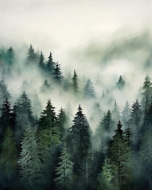 Foto bevaag berglandschap met naaldbossen in de mist