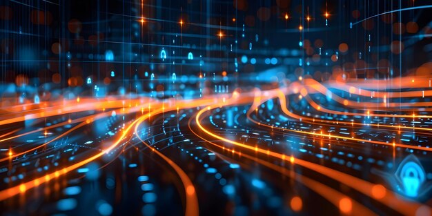 Beveiligde netwerkinterface met slotsymbool en data-encryptie visuals voor cybersecurity Concept Netwerksecurity Data Encryption Secure Interfaces Cybersecurity Visuals