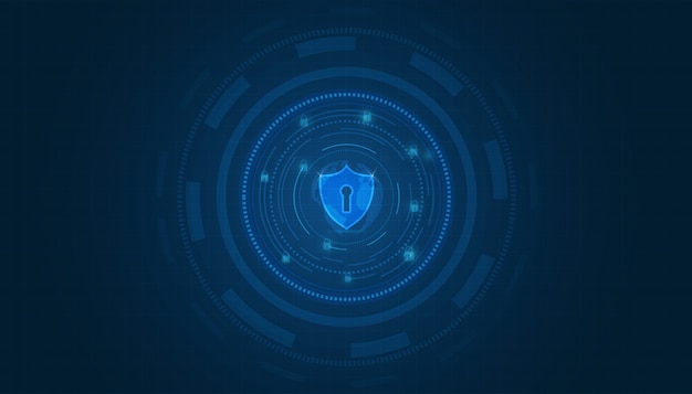 Beveiliging technologie achtergrond Cyber beveiligingsconcept schild met sleutelgat pictogram op blauwe achtergrond