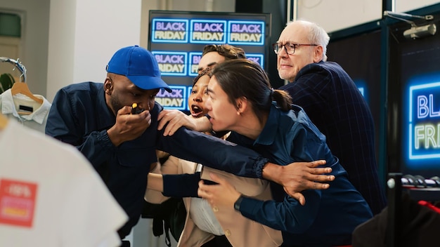 Beveiligingsagent op Black Friday-crisis met behulp van walkietalkie voor versterking na het niet kalmeren van boze klanten. Afro-amerikaanse man zorgt voor crowd control tijdens seizoensverkopen. Schot uit de hand.