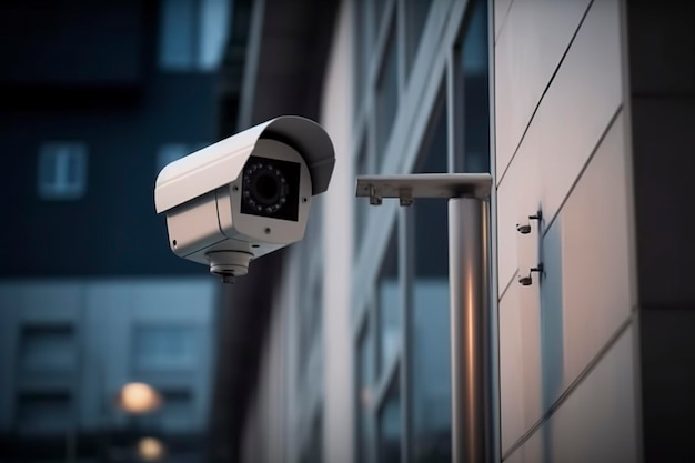 Beveiligingscamera op modern gebouw Professionele bewakingscamera's CCTV op de muur in de stad Beveiligingssysteemtechnologie Video-apparatuur voor veiligheidssysteem gebied controle buiten AI gegenereerd