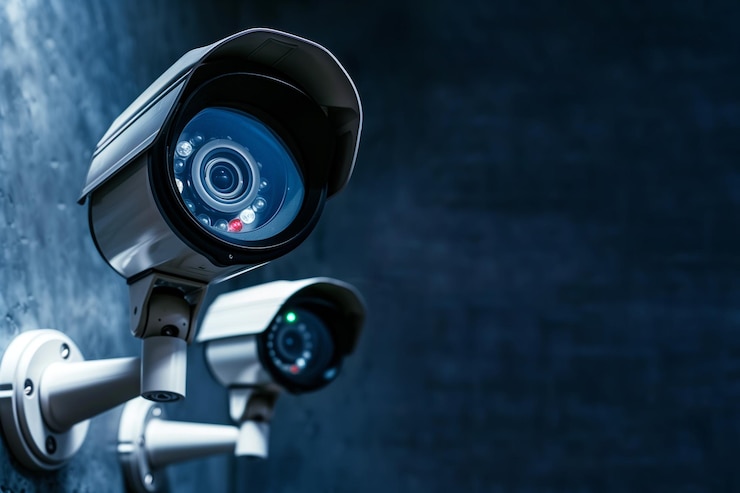 Beveiligingscamera's gemonteerd op een muur die het gebied met kopieerruimte bewaakt