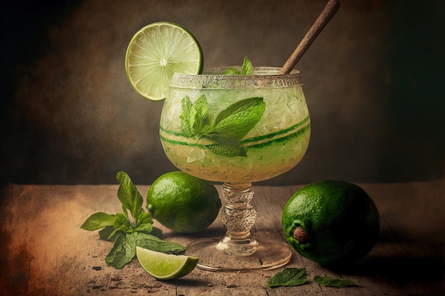 Beverage called a margarita with lime and mint