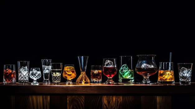 Photo beverage drink glasses on bar dark background