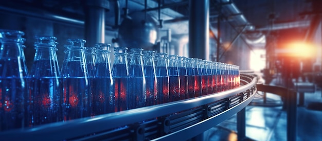 Beverage factory Conveyor belt with juice in bottles