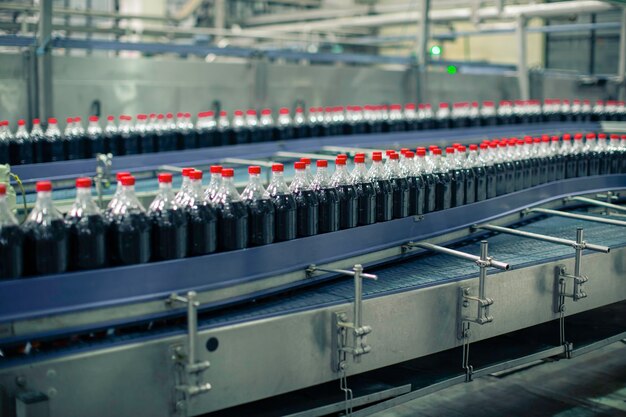 Beverage factory interior. Conveyor flowing with bottles for carbonated water.