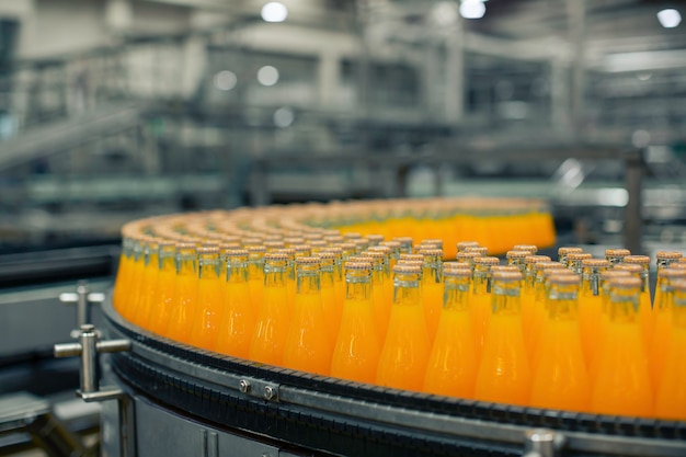 Beverage factory interior. Conveyor flowing with bottles for juice or water.