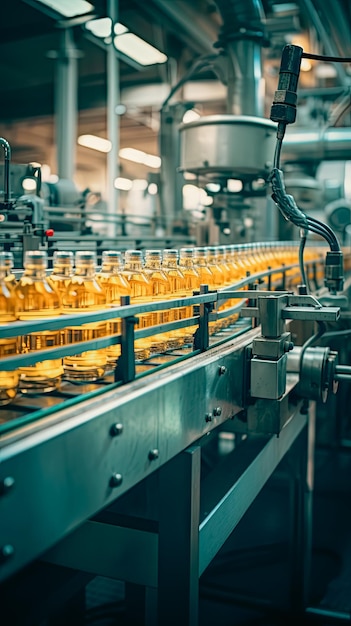 Интерьер завода по производству напитков Конвейер с бутылками для сока или воды Современное оборудование