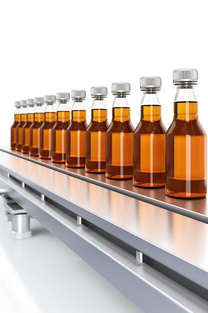 Beverage filled in bottles along production line