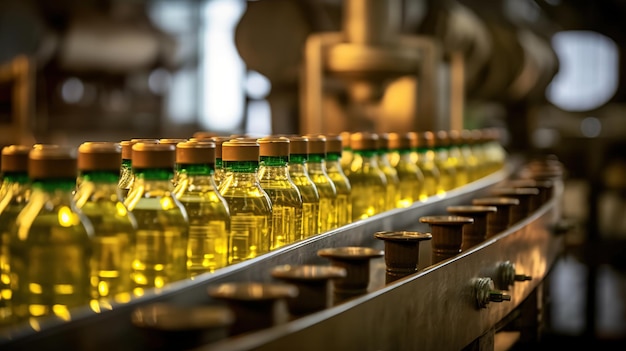 Beverage filled in bottles along production line