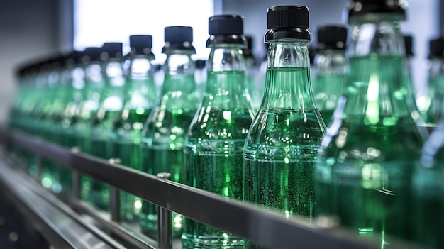 Beverage filled in bottles along production line