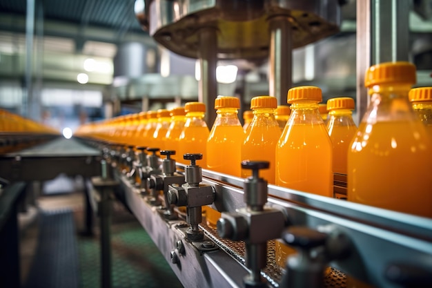 Beverage filled in bottles along production line