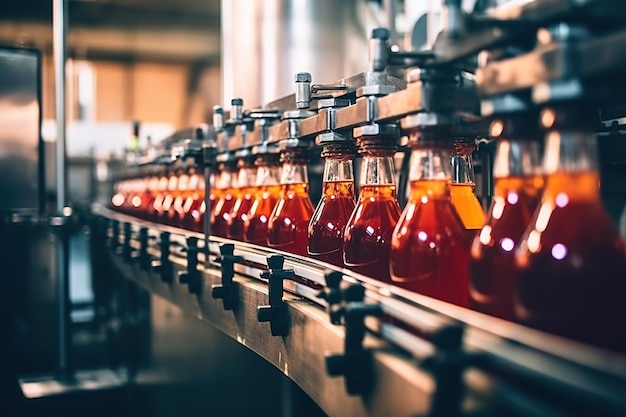 Beverage filled in bottles along production line