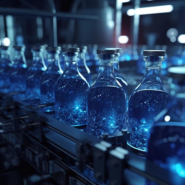 Beverage filled in bottles along production line