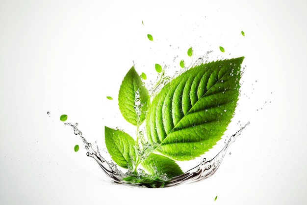 Beverage ingredients mint leaves isolated on white background and water