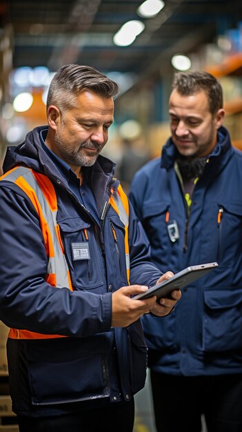 Photo beverage logistics team members examining a tablet computer during a deployment briefing