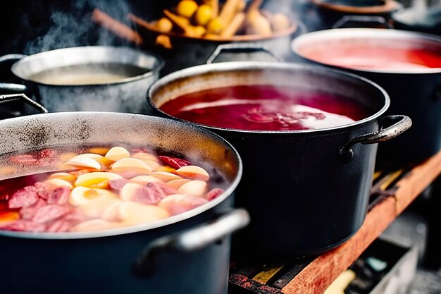 屋台の食品市場で蒸気を入れたポットに入った飲み物のフルーツとベリーのホットホットワイン ジェネレーティブ AI