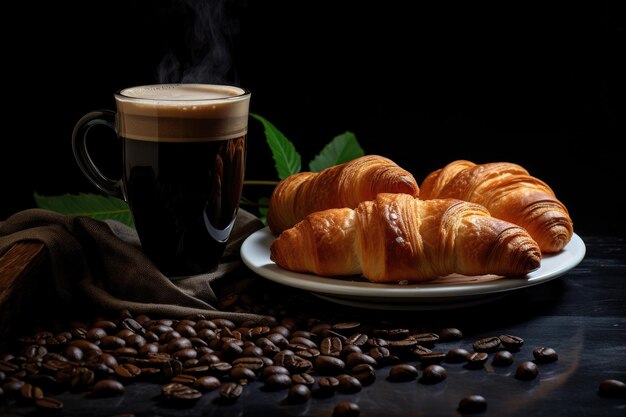 Beverages and pastries on dark surface