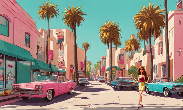 Beverly Hills charm Cartoonstyle street scene with iconic flair