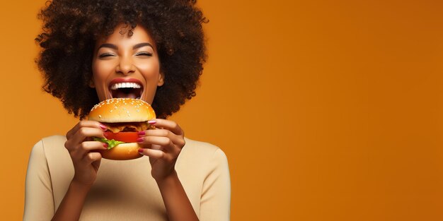 Bevredigde vrouw met fastfood geïsoleerd op oranje achtergrond