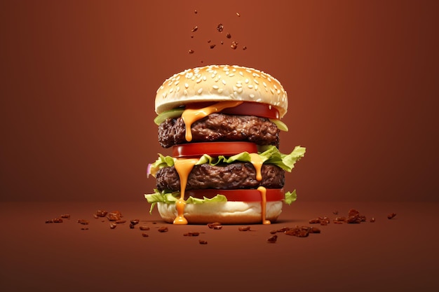 Bevredigende dubbele cheeseburger op bruine achtergrond Generatieve AI