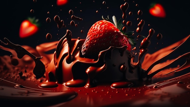 Bevries beweging van vallende aardbeien in gesmolten chocolade