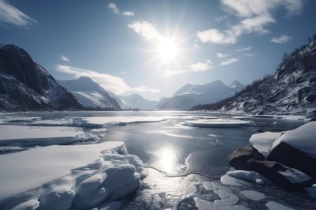 Bevriezende fjord in de winter met besneeuwde bergen en ijzig landschap