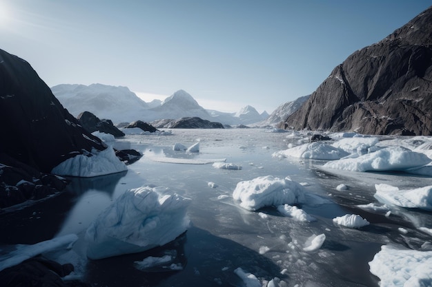 Bevriezende fjord met uitzicht op enorme gletsjer in de verte gecreëerd met generatieve ai