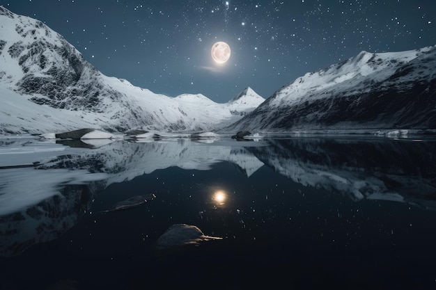 Bevriezende fjord 's nachts met sterren die erboven schijnen en weerspiegeling van het maanlicht op het water