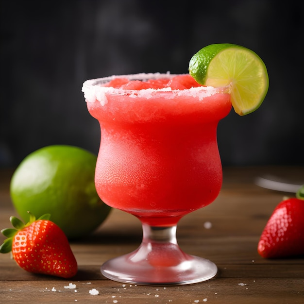 Bevroren aardbeienmargarita gegarneerd met een zoutrand en een schijfje limoen op donkere achtergrond Margarita met gemalen ijs Zomerse rode cocktail met gemalen ijs Aardbeienlimoen en solt Generatieve AI