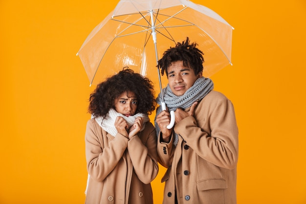 Bevroren afrikaans paar dat de winterkleren draagt die zich onder een geïsoleerde paraplu bevinden