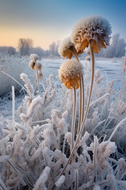 Bevroren bloemen in een winterlandschap gemaakt met generatieve AI