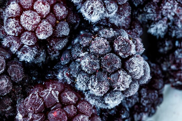 Bevroren en bedekt met rijp bramen macro foto close-up Bessen voor een gezond dieet