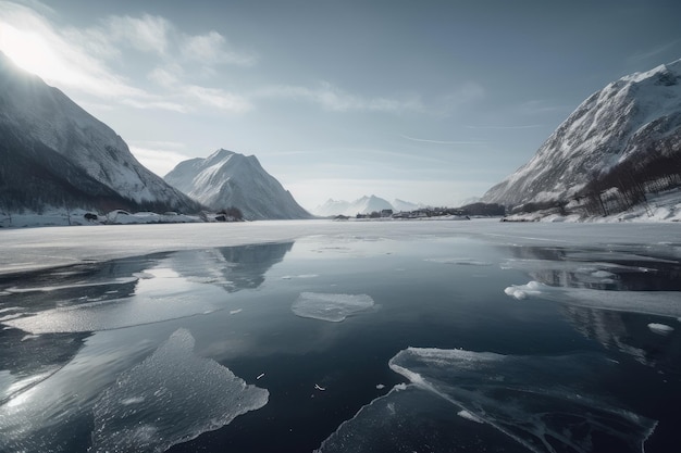 Bevroren fjord met uitzicht op de lucht en de bergen op de achtergrond