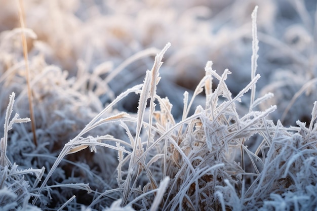 Bevroren groen gras gras bedekt met vorst in de winter