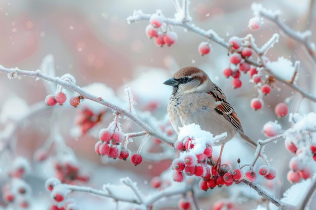 Bevroren mus op een besneeuwde rozenbomen tak in de winter ochtend