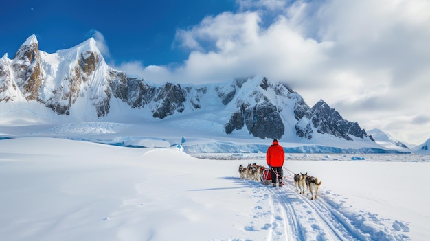 Bevroren reis persoon met slee van honden doorkruist besneeuwde Antarctica een episch avontuur door ijskoud