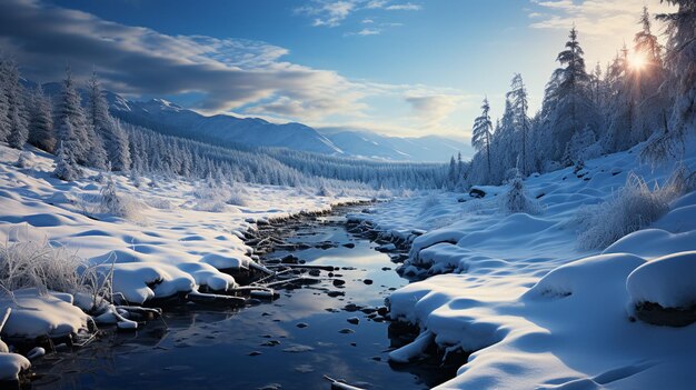 bevroren rivier met besneeuwde bomen