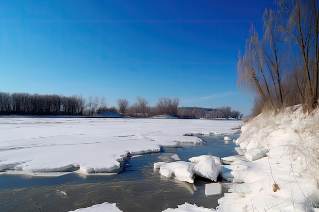 Bevroren rivier met besneeuwde oevers en blauwe lucht op de achtergrond