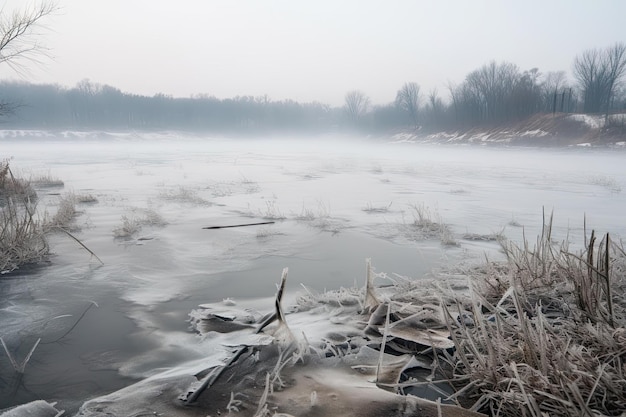 Bevroren rivier met gebroken ijs dat barsten en spleten vormt en mist die uit het water opstijgt