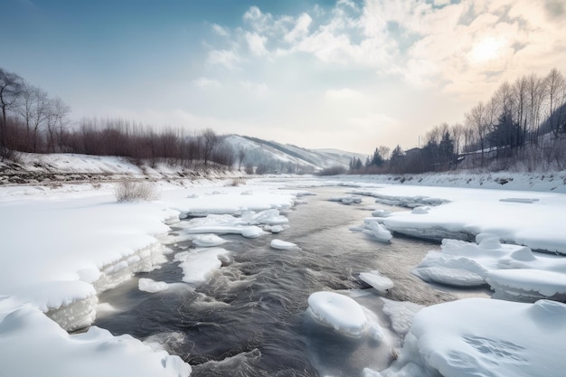 Bevroren rivier met smeltend ijs en stromend water omringd door sneeuwlandschap