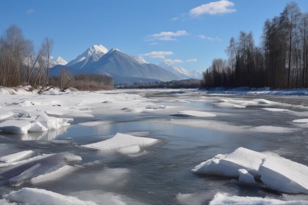 Bevroren rivier met uitzicht op torenhoge bergen op de achtergrond