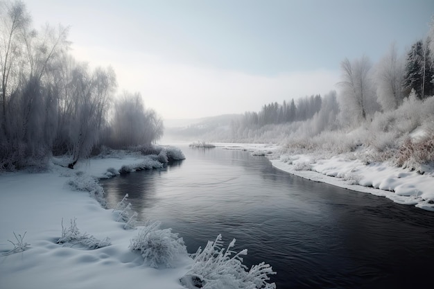 Bevroren rivier omringd door rustig winterlandschap met naar beneden drijvende sneeuwvlokken