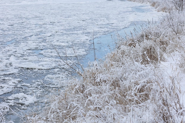 Bevroren rivier Selectieve aandacht De eerste vorst aan de rivieroever