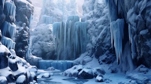 Bevroren watervallen Digitale sneeuwachtige achtergrond met sneeuwvlokken De ijzige elegantie van de natuur in pixelkunst Boeiende scène van bevroren schoonheid Etherische sereniteit te midden van sneeuwval Generatieve Ai
