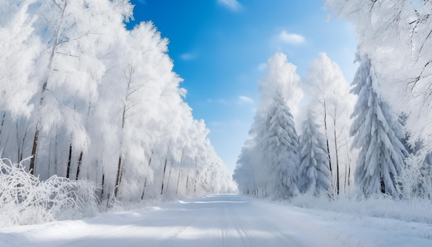 Bevroren weg door besneeuwd bos in de winter met de blauwe hemel Recht asfaltweg gaat in de di